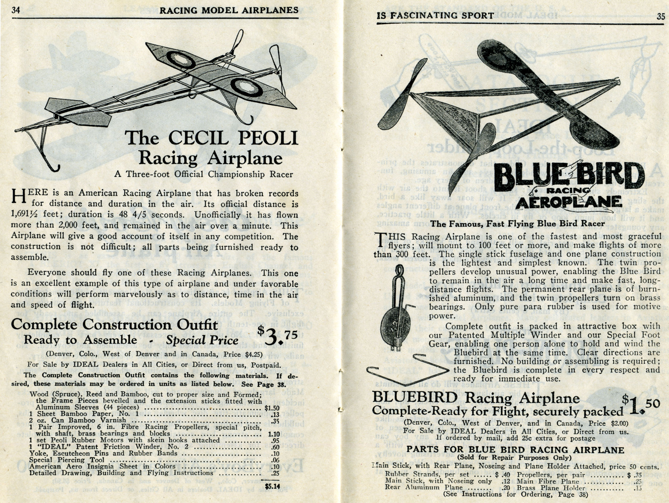 Catalog, How to Build and Fly Model Airplanes: Catalogue of Ideal Supplies for Model Airplane Builders, pages 34 and 34, 1928. (Source: National Model Aviation Museum Archives, Collection #0043)